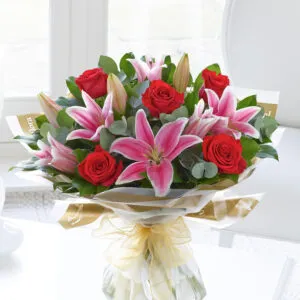 Red Rose & Pink Lily In Water