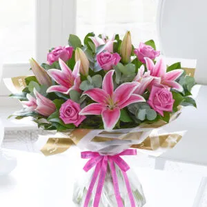 Happy Birthday Pink Rose & Lily Hand-tied